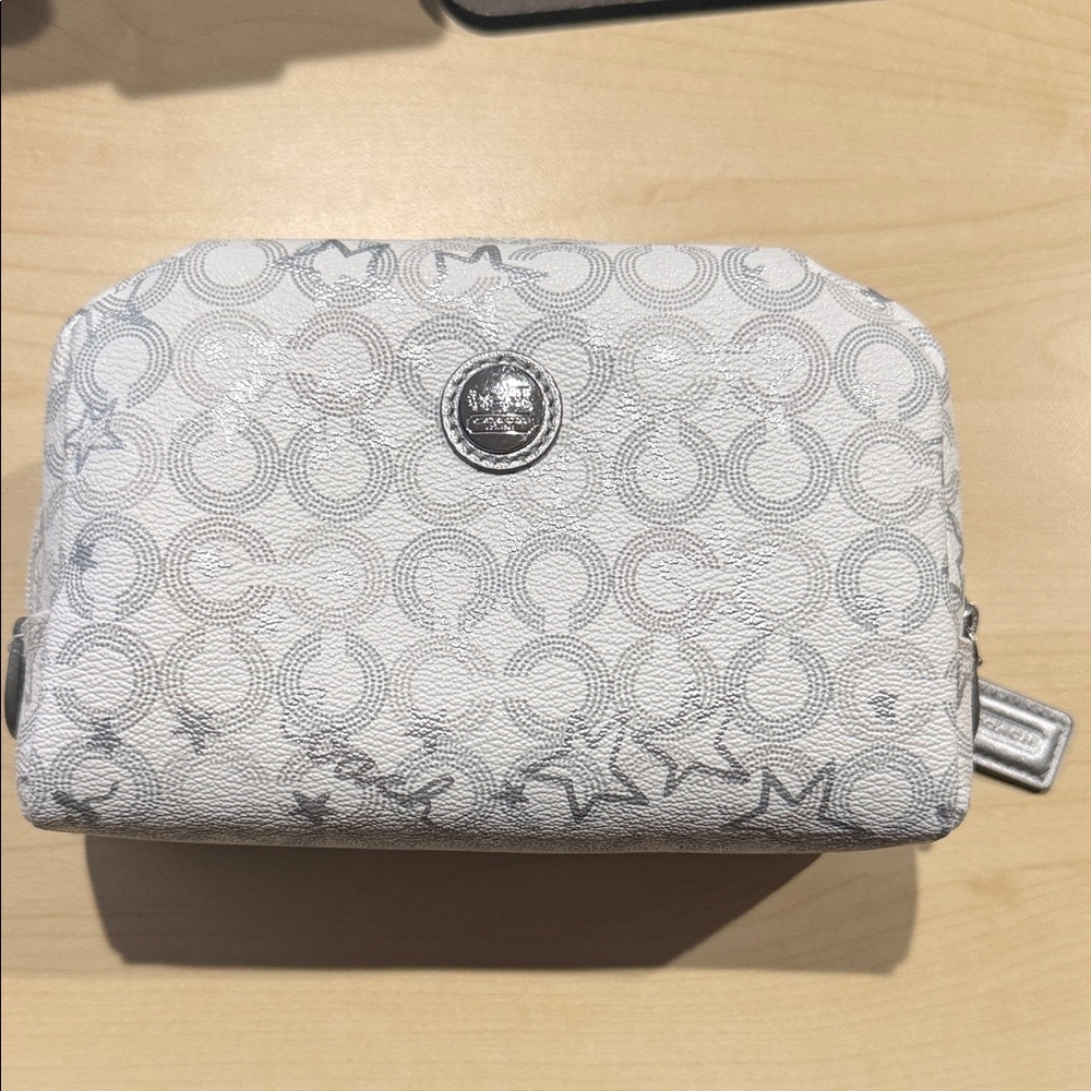 Coach White Signature Logo Cosmetic Pouch with Silver-Tone Emblem